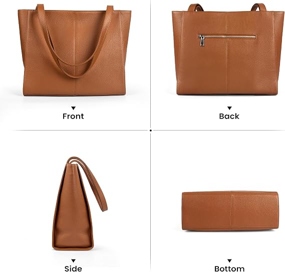 BOBXES Women Genuine Leather Tote Bag, 14" Padded Laptop Compartment for Work Travel