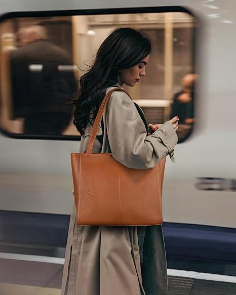 BOBXES Women Genuine Leather Tote Bag, 14" Padded Laptop Compartment for Work Travel