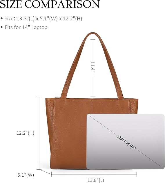 BOBXES Women Genuine Leather Tote Bag, 14" Padded Laptop Compartment for Work Travel