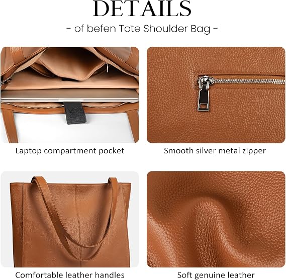 BOBXES Women Genuine Leather Tote Bag, 14" Padded Laptop Compartment for Work Travel