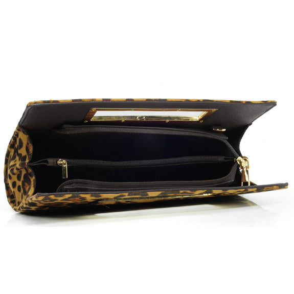 BOBXES Women Leopard Print Cut‑Out Clutch Metal Grip Chain Shoulder Strap Handbag