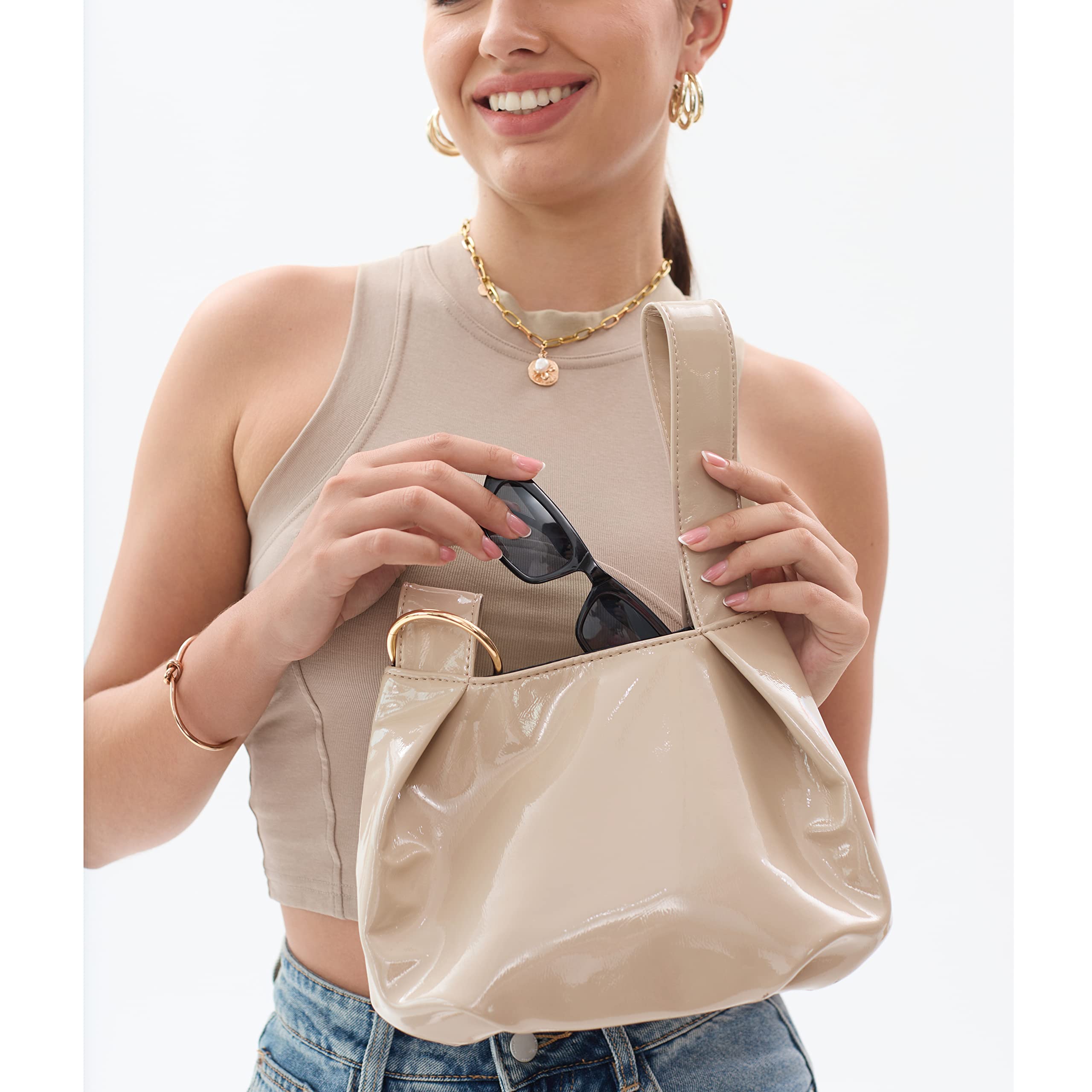 BOBXES Women's Glossy Patent Vegan Leather Top‑Handle Clutch Tote Bag