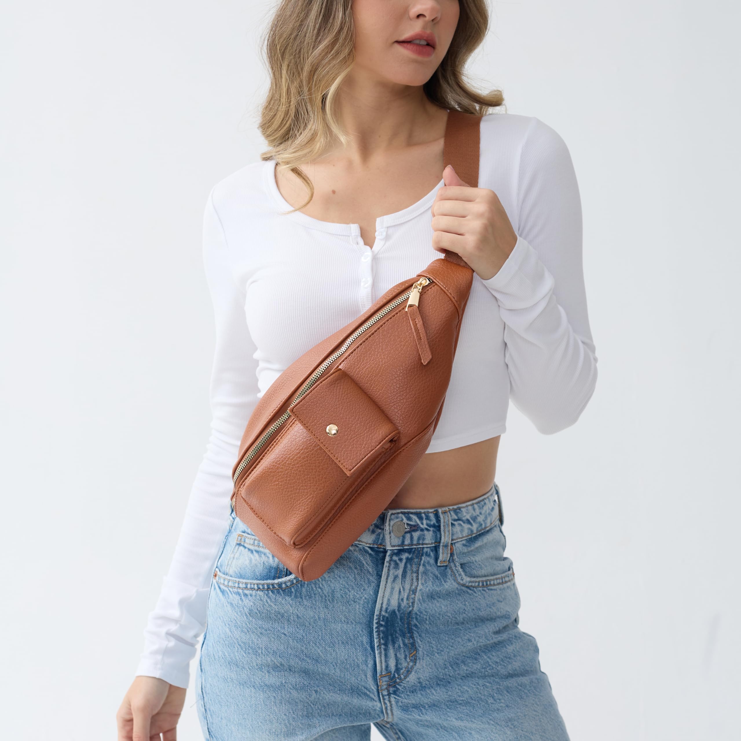 BOBXES Women Vegan Leather Sling Bag Fanny Pack Adjustable‑Strap Travel Chest Bag