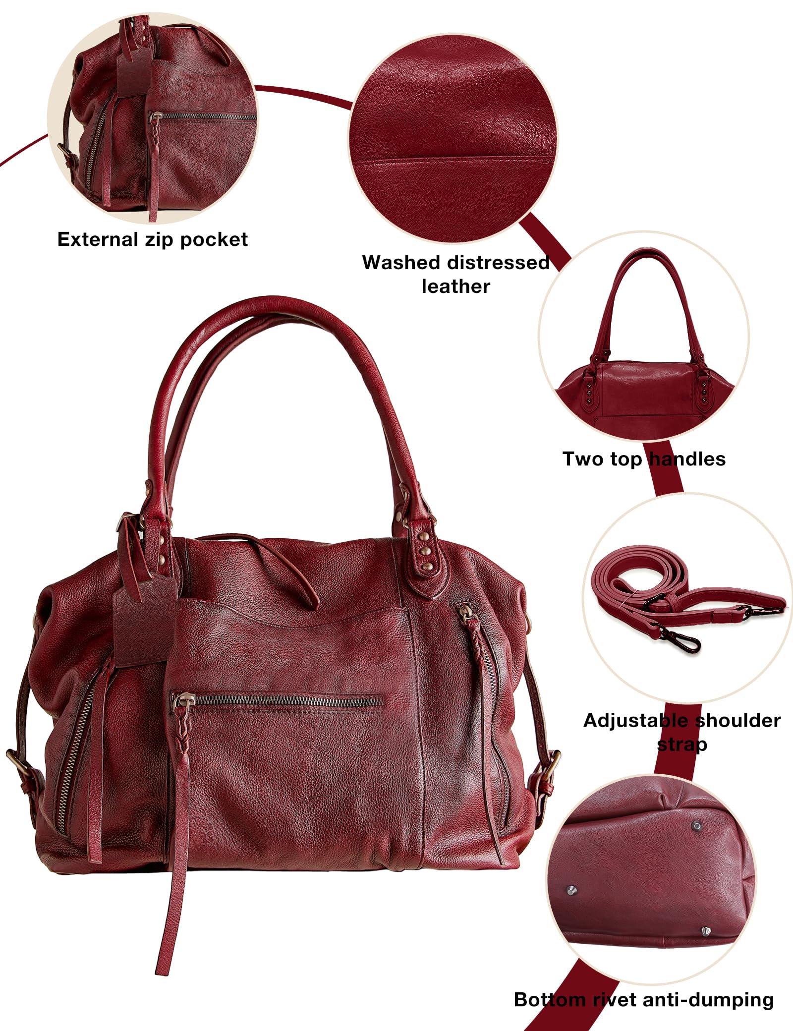 BOBXES Women's Large Vegan Leather City Tote, Zipper Hobo Handbag