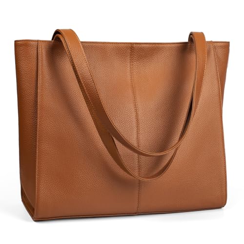 BOBXES Women Genuine Leather Tote Bag, 14" Padded Laptop Compartment for Work Travel