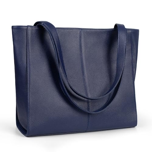 BOBXES Women Genuine Leather Tote Bag, 14" Padded Laptop Compartment for Work Travel